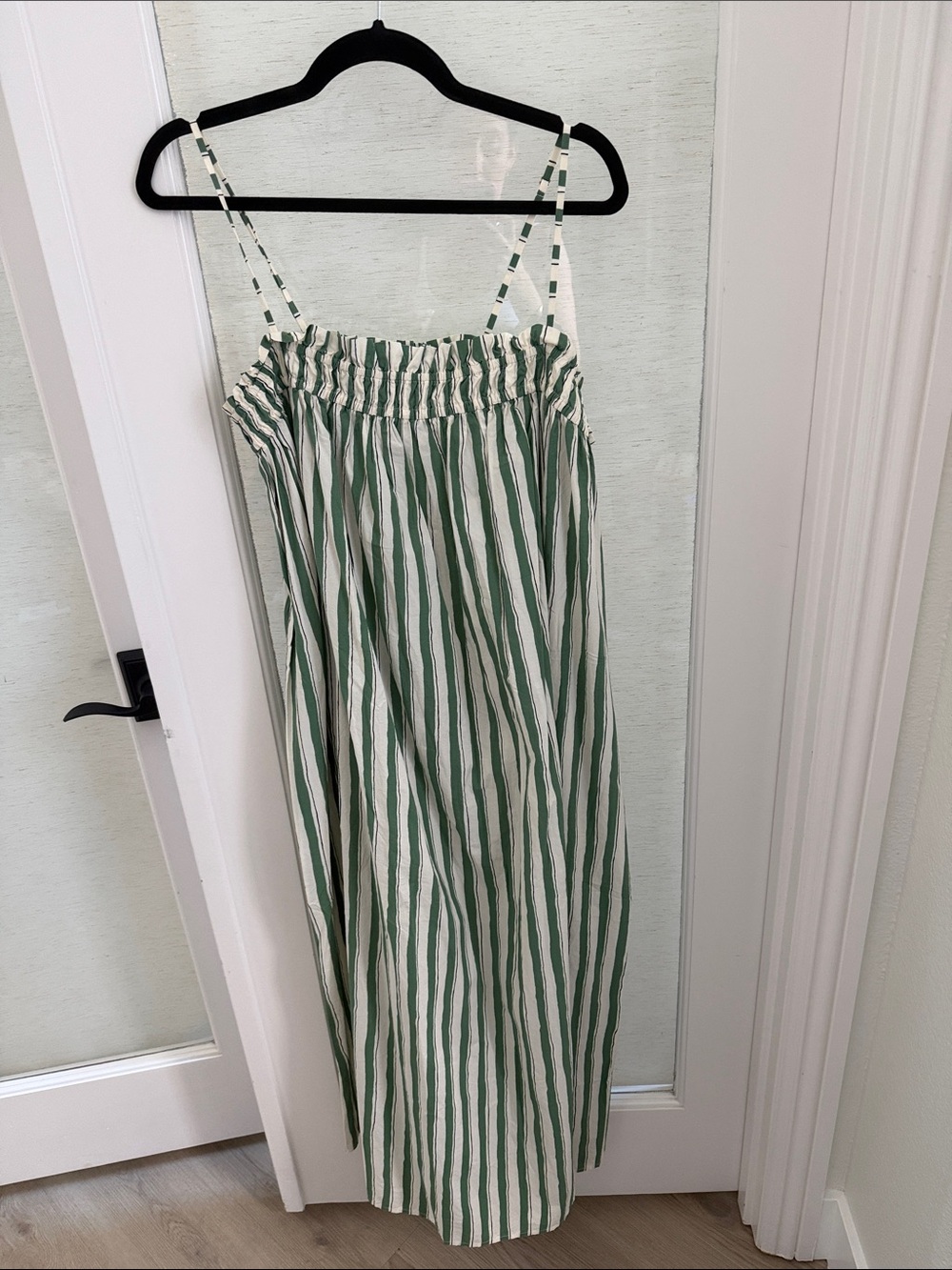 Madewell Green and White Striped Smocked Slip Dress